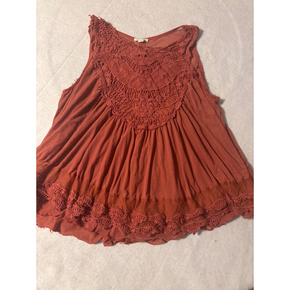 Ultra Pink Burnt Orange Crochet Lace Babydoll Sleeveless Top XL Boho Button Back - Picture 6 of 11